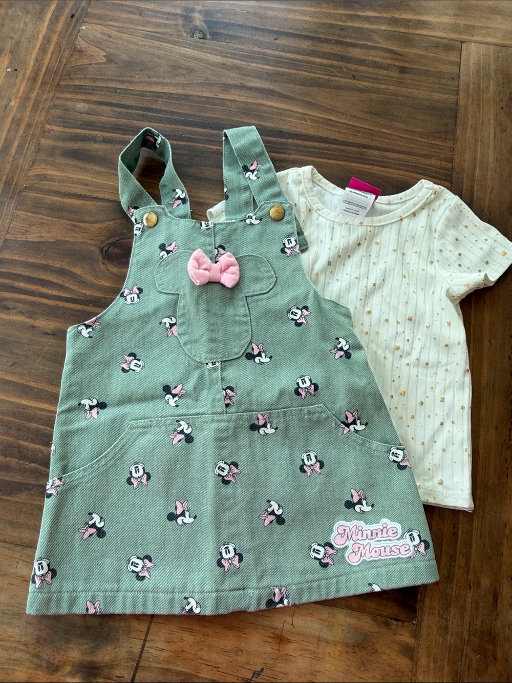 Disney Green Minnie Mouse Pinafore Dress with Pink Bow